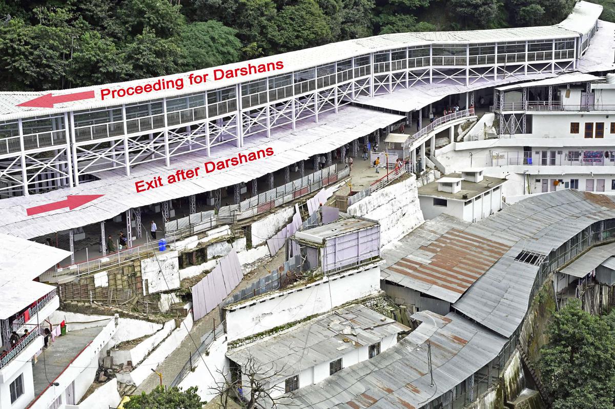  A view of the 300-metre-long skywalk at Bhawan, with wooden flooring for the comfort of barefoot devotees during their pilgrimage to Vaishno Devi shrine, is set for inauguration by President Droupadi Murmu, in Katra on Thursday.  